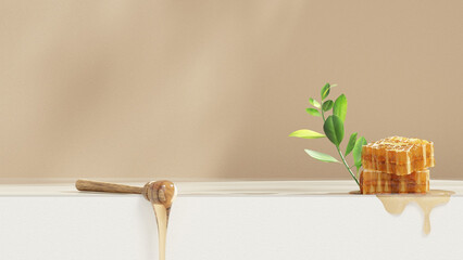 3D background display stand with honey on white podium for product presentation in landscape