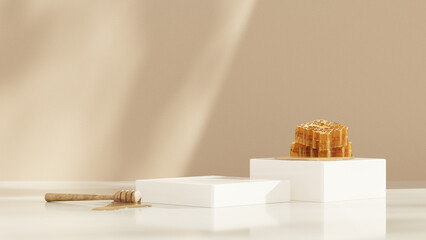 3D background display stand with honey on white podium for product presentation in landscape
