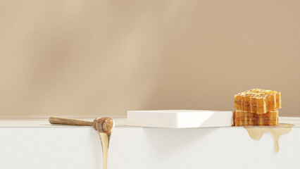 3D background display stand with honey on white podium for product presentation in landscape