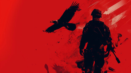 Patriotic Symbolism: US Military with Majestic Eagle Flying Against US Flag Background