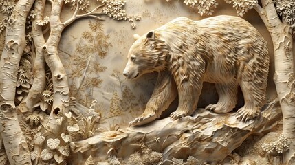 Obraz premium Beautiful bear 3d relief wallpaper. Mural wallpaper. Wall art. AI generated illustration.