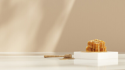 3D background display stand with honey on white podium for product presentation in landscape