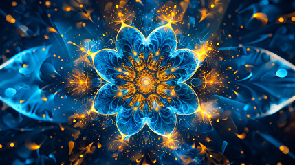 Mesmerizing neon blue and gold mandala radiating celestial energy, ethereal abstract background