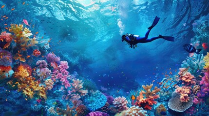 Fototapeta premium Scuba diver swimming gracefully over a vibrant coral reef, surrounded by colorful tropical fish and animals, bucket list lifestyle concept