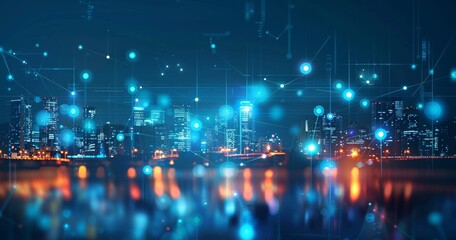 Fototapeta premium An icon representing social networks, the New York skyline at night, and human resources management