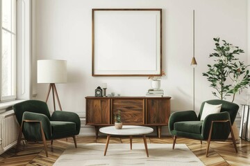 Interior design of a chill room with white armchairs and a sideboard with a window, mockup frame