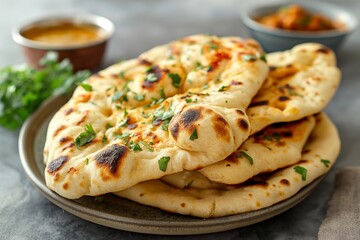 Hand scooping creamy curry with naan bread, highlighting traditional Indian flavors