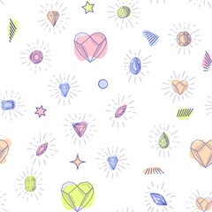 Gemstone crystal seamless pattern. Pastel gems and stars on white background.