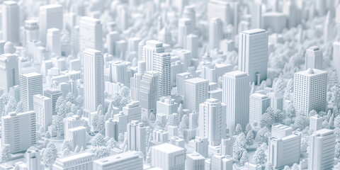 Birds Eye view of a modern city. Urban concept. White clay 3D rendering. Created with Generative AI technology.