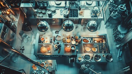 Aerial view of a busy commercial kitchen with chefs preparing dishes in an industrial setting, featuring stainless steel equipment and modern appliances.