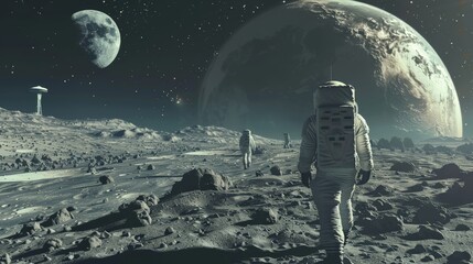 Astronauts exploring a rocky moon landscape with distant planets visible in the starry sky.
