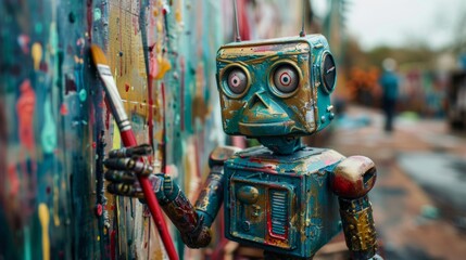 Fototapeta premium Robot holding a paintbrush, Artificial Intelligence, tech and creativity concept.
