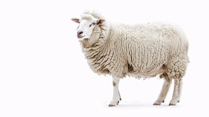 A fluffy white sheep, with a gentle expression and curly wool, stands peacefully on a white background. The image captures the animal's innocence and soft nature, symbolizing peace and tranquility.