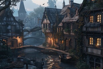 Obraz premium Charming medieval village with illuminated houses by a winding river, featuring picturesque bridges and rustic architecture at dusk.