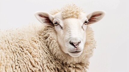 A fluffy white sheep, with a gentle expression and curly wool, stands peacefully on a white background. The image captures the animal's innocence and soft nature, symbolizing peace and tranquility.