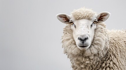 A fluffy white sheep, with a gentle expression and curly wool, stands peacefully on a white background. The image captures the animal's innocence and soft nature, symbolizing peace and tranquility.