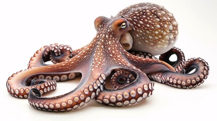 Fototapeta premium A captivating octopus, with its eight tentacles extended in various directions, rests on a white background, its iridescent skin shimmering. The image highlights the animal's intelligence and complex