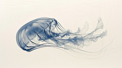 Fototapeta premium A translucent jellyfish, with its bell-shaped body and flowing tentacles, floats gracefully on a white background. The image captures the animal's ethereal beauty and delicate nature, showcasing the