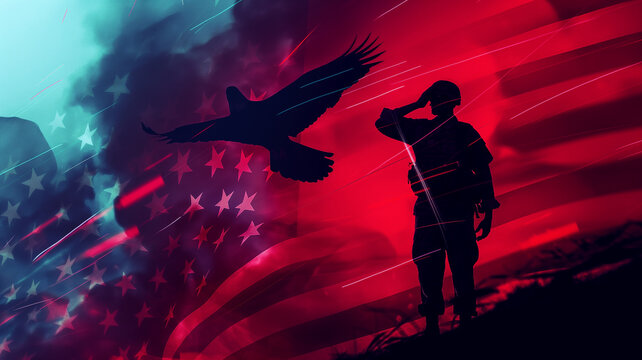 US Soldier Saluting with Bald Eagle and US Flag on Abstract Background - Powered by Adobe