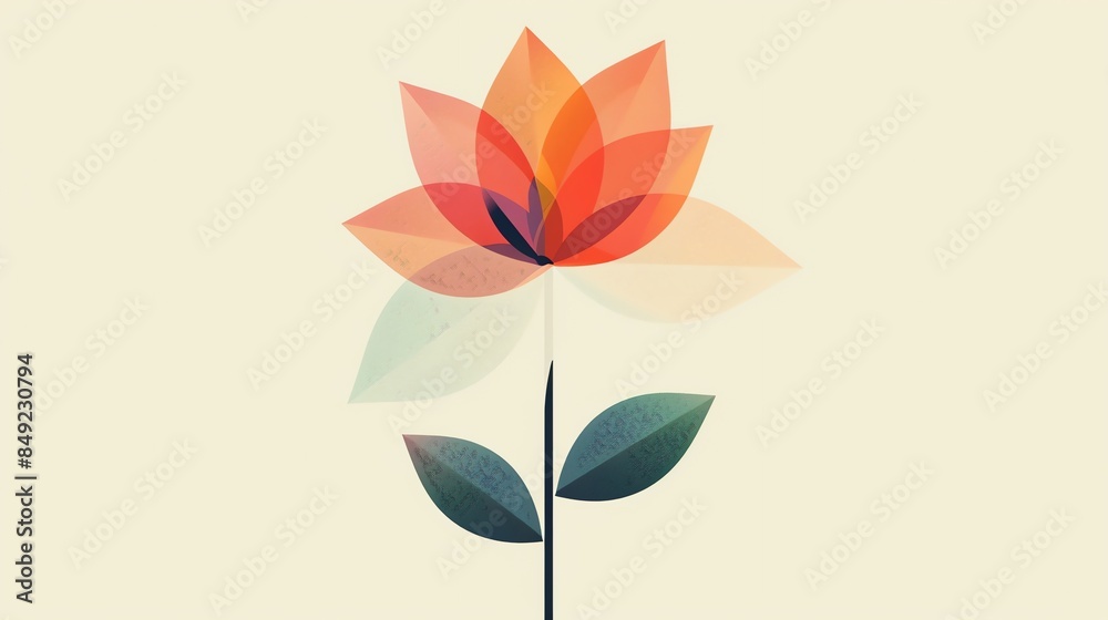 Canvas Prints A stylized, geometric illustration of a flower with orange and red petals and green leaves, on a light background.