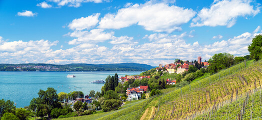 Blick über den Weinberg oberhalb des Rebguts Haltnau auf den Bodensee und die Stadt Meersburg, Baden-Württemberg, Deutschland
