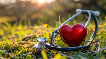 Medical heart and stethoscope on green grass background. Healthcare concept.