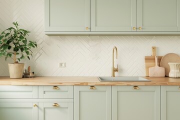 Kitchen interior with washbasin, stove, and wooden shelves
