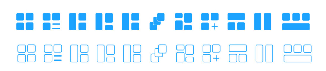 Vector dove line grid icons set. Editing the grid position. Vector illustration. Contains blue and linear object alignment layout, grid, grid lines, headers, bottom view, list, grid.