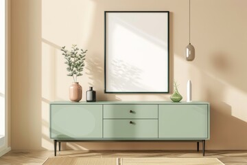 Decorative drawers and artwork for a modern home living room, mockup
