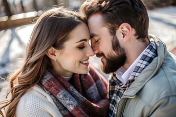 Fototapeta premium Happy couple, kiss and nature with love for embrace, care or support together at outdoor park. Closeup of man, woman or lovers with intimacy, affection or bonding for romance, date or anniversary