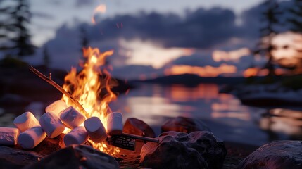 A campfire with marshmallows on sticks, realistic photo, full HD focus,