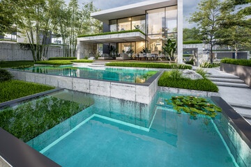 3d rendering of flat roof house with parking and pool for sale or rent with concrete facade and beautiful landscaping. Clear summer evening with cozy light from window