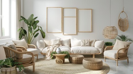 Obraz premium Featuring a sofa, wicker chairs, plants, and a blank poster on the wall, Stock AI can be seen in this modern living room setup.