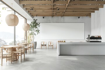 3D rendering of modern cafe interior with empty wall, wooden counter, and natural light background.