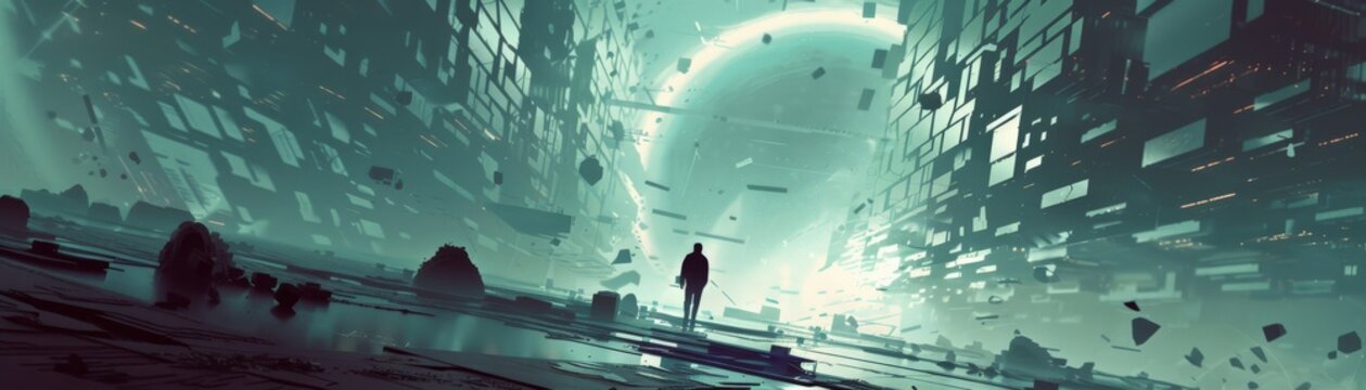 Futuristic digital landscape with a lone figure walking towards a glowing ring, surrounded by abstract geometric shapes and technology.