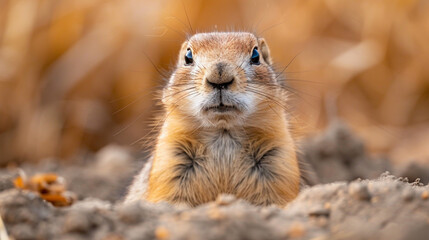 Naklejka premium A small, brown prairie dog with short fur stands alert on the prairie, eating grass