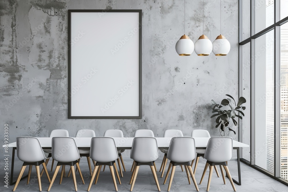 Poster Light tones, a meeting area, large windows, and an empty poster on the wall in a concept of a corporate space. 3D rendering.