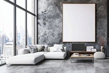 3D rendering of modern living room with blank poster frame on white wall, cityscape in the background, bright interior concept of minimalist design.