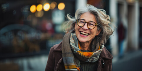 Obraz premium Elderly woman smiling with glasses and scarf