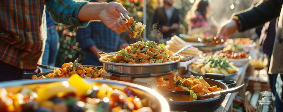Friends attending a food festival for National Food Day, tasting delicious dishes from various vendors, 4K hyperrealistic photo.