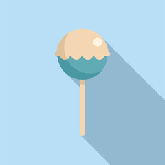 Round lollipop with turquoise icing casting long shadow on blue background, illustration
