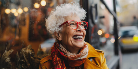 Obraz premium Elderly woman smiling with glasses and scarf