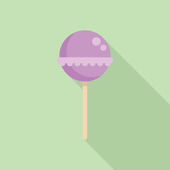 Round purple lollipop with frill is standing on a green background, simple minimal style for summer sweetness concept