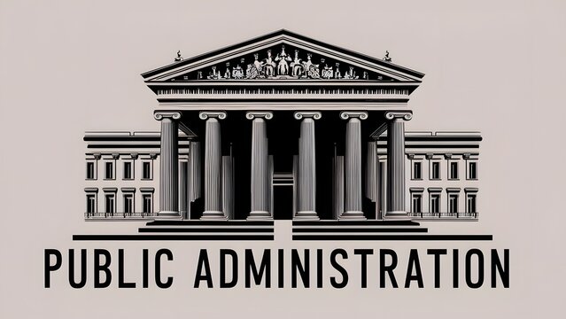 The building has a classical architectural design with pillars supporting a triangular pediment. Below the graphic, the word 'PUBLIC ADMINISTRATION' is written in bold, black letters.
