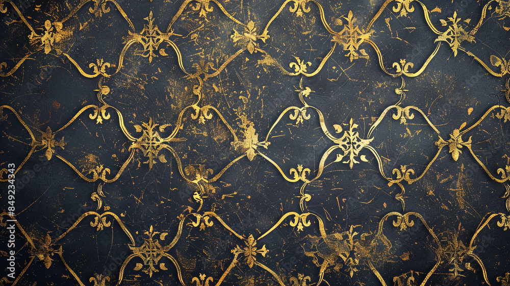 Wall mural A delicate gold filigree pattern intricately woven across an elegant black background, with vintage distressed grunge texture subtly blending into the design. - Wall murals