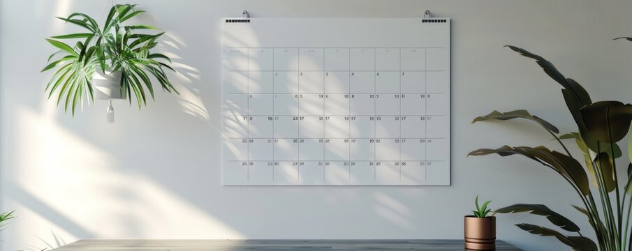 Wall calendar mockup with a customizable design, great for showcasing your calendar designs. Hyperrealistic 4K photo.