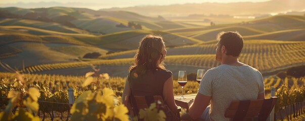 Couple enjoying a wine tasting in a vineyard, rolling hills in the background, 4K hyperrealistic photo.