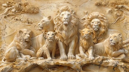 Beautiful lions 3d relief wallpaper. Mural wallpaper. Wall art. AI generated illustration.