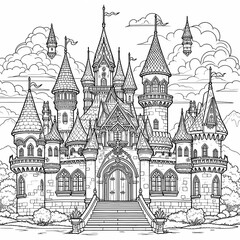 Fototapeta premium An outline drawing of a fairytale castle for coloring book with clean lines and white background.