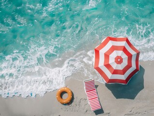 Naklejka premium In the summer vacation concept, an umbrella, chair, and float are shown in red and white on a sandy shore with ocean waves. Aerial view. Stock AI concept.